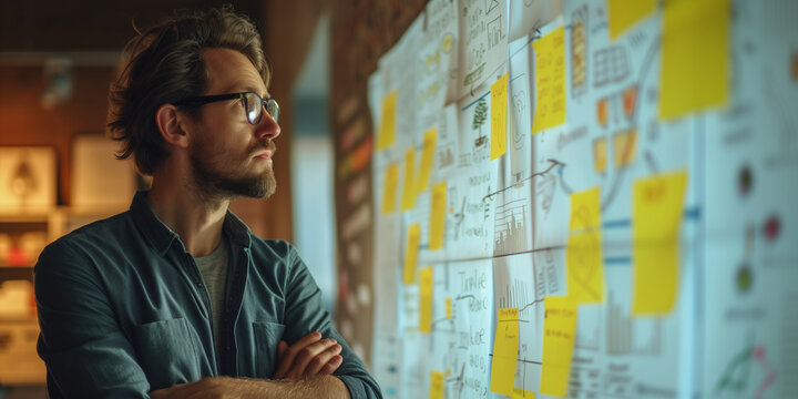 Thoughtful male professional evaluating project plans on a wall full of sticky notes