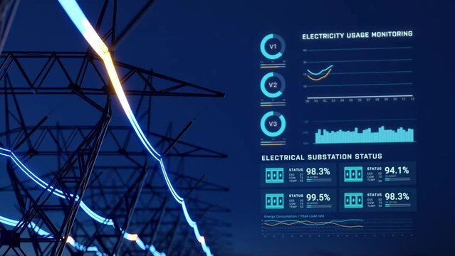 Electric transmission tower with glowing electricity flowing, electrical power transmit from high voltage substation infrastructure to city, energy usage monitoring dashboard interface 3d rendering 