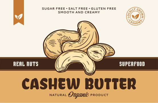 Vector cashew butter label or packaging design template. Vector cashew nuts illustration