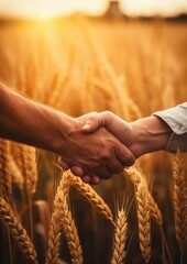 Agreement of farmers about sale price of raw materials, wheat field with sunset. Generative Ai.