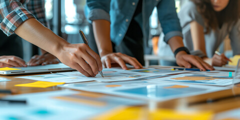 Obraz premium Close-up of a team's hands working on colorful charts and notes during a project meeting