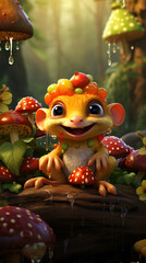 a cute baby frog indulges in a feast of vibrant fruits within a magical forest. Generative AI