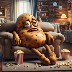 Illustration of a couch potato. A lazy demotivated couch potato sitting on a couch watching TV and eating snacks. Laziness. Comfort zone. Lethargic. Generative AI