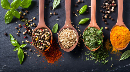 Spices and herbs in wooden spoons on black background, top view