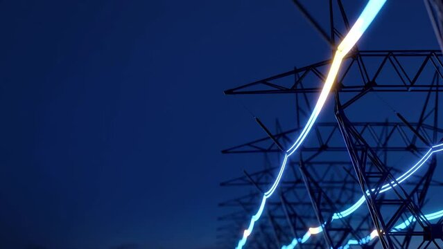 High voltage electric transmission tower with glowing current line, electrical power transmit through wire to city and house at night, Renewable green energy grid infrastructure concept 3d rendering 