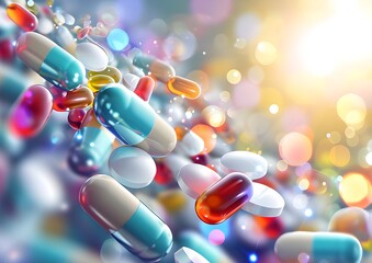Colorful pharmaceutical pills and capsules on a reflective surface, depicting healthcare and medical treatment
