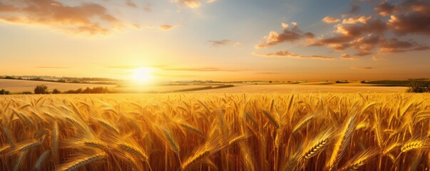 Close up view on wheat field with golden sunset light during sunny day, panorama banner. Generative Ai. - obrazy, fototapety, plakaty