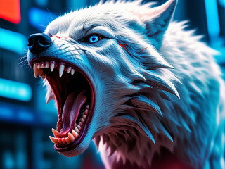 A huge white wolf is angry and shows his fangs, looks sternly, illustration in cyber punk style, neon red and blue tint.