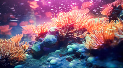 Dive into the mesmerizing underwater world with an image of colored corals flourishing on the...