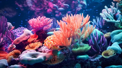 Fototapeta na wymiar Dive into the mesmerizing underwater world with an image of colored corals flourishing on the seabed. A vibrant and captivating scene for marine themed designs and projects.