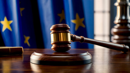 Judges's wooden gavel on the table with blurred european union flag in the background. Legal system and justice concept