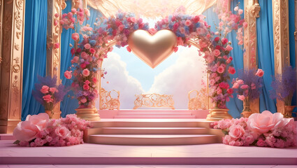 Obraz premium Pink 3d podium with golden heart and flower arches. Dreamy pastel background with podium stage for product display or valentine's day 