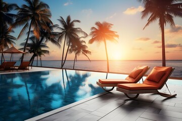 Fototapeta na wymiar swimming pool with lounge chairs among palm trees 