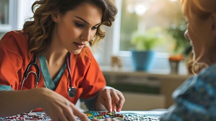 Portrait of a beautiful occupational therapist working with a patient on cognitive skills, engaging in activities such as puzzles or memory games, generative ai
