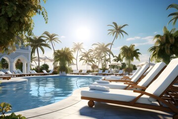 swimming pool with lounge chairs among palm trees
