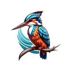 Fototapeta premium Vibrant and Detailed Illustration of a Kingfisher Bird Perched on a Branch, with Stylized Blue Waves in the Background
