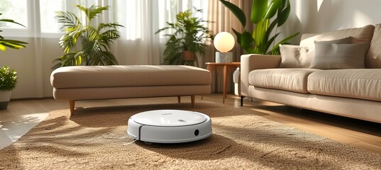 White robot vacuum cleaner on brown laminate floor in cozy apartment with copy space - obrazy, fototapety, plakaty