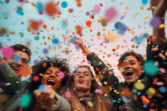 An image portraying a milestone celebration, Employees are commemorating achievements and successes together, A concept photograph of party and festivity, Group of young people surrounded by confetti.