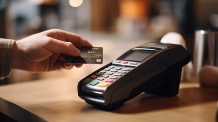 A customer smoothly swipes a credit card at the cafe-restaurant, completing a seamless and convenient payment transaction. - obrazy, fototapety, plakaty