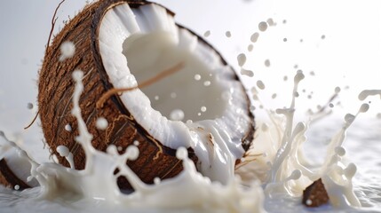 Obraz na płótnie Canvas Coconut with a splash of coconut milk creating a dynamic and tropical scene, alternative vegan lactose-free milk