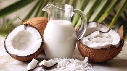 A jug of coconut milk with halved coconuts and tropical leaves in the background, alternative vegan lactose-free milk