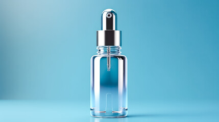 Fototapeta premium Elevate your skincare routine with a glass bottle featuring a pipette on a soothing light blue background. A chic and calming image for beauty and cosmetic concepts.