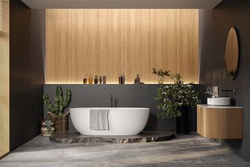 Comfortable bathtub and vanity with basin standing in modern bathroom black and wooden walls and...