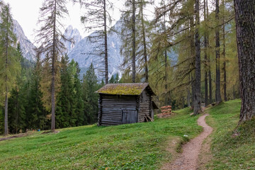 Scenic hiking trail along wooden huts on idyllic alpine meadow with awe view of majestic mountain peaks of Sexten Dolomites, South Tyrol, Italy, Europe. Hiking in panoramic Fischleintal, Italian Alps