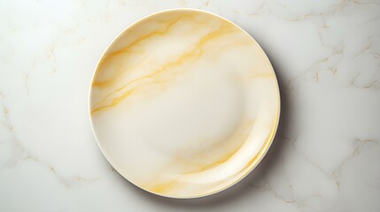 Top View of an empty Plate in light yellow Colors on a white Marble Background. Elegant Template with Copy Space