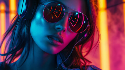 Beautiful, woman with sunglasses and headset. Close up portrait. Neon lightning party. 