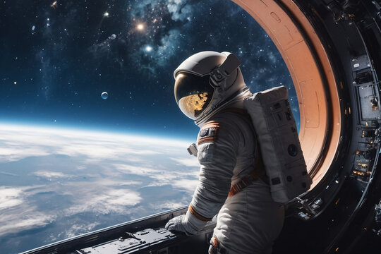 Astronaut in spaceship cockpit in space