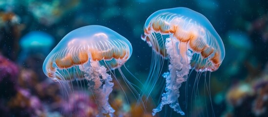 Mesmerizing Depths: A Colorat Pair of Chrysaor Jellyfish in the Stunning Se Depths
