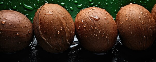 Fresh ripe brown coconuts with detailed water drops, exocit fruit panorama banner. Generative Ai.