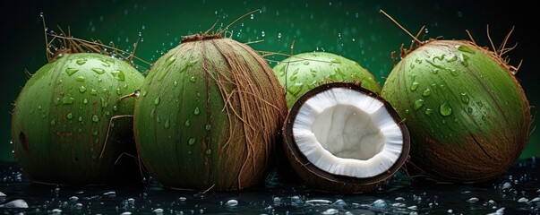 Fresh ripe brown coconuts, exocit healthy bio fruit food banner panorama. Generative Ai.