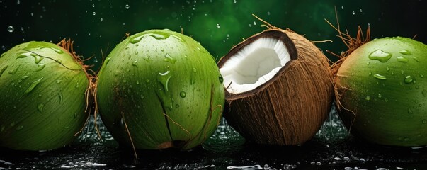 Fresh ripe brown coconuts, exocit healthy bio fruit food banner panorama. Generative Ai.