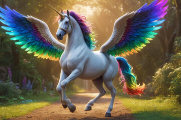 Obraz na płótnie Canvas Colorful winged pegasus with unicorn horn
