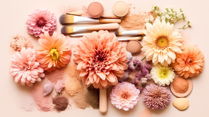 Fototapeta na wymiar Experience the harmony of autumn flowers and face powder, embodying the concept of naturalness in cosmetics. A captivating image for beauty and skincare designs.