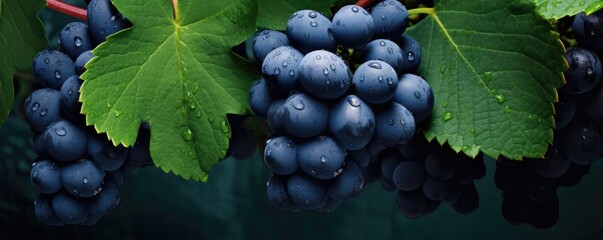 Fresh ripe blue grape, healthy bio fruit food gardening panorama banner. Generative Ai