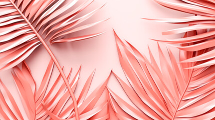 Dive into tropical vibes with palm leaves elegantly colored soft pink on a matching background. A chic and minimalist image with ample copy space for creative projects.