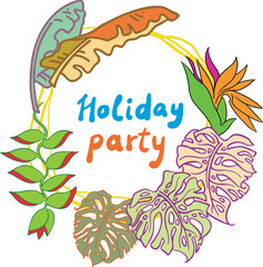 Tropical holiday frame background with palm leaves and flowers. Decorative elements vector design for party invitation, summer sale, vacation paradise promotion. Hand drawn illustration.