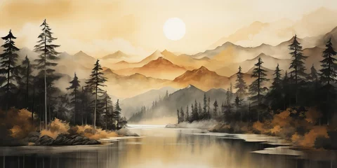 Abwaschbare Fototapete Beige Watercolor drawing painting ink sketch nature outdoor forest lake mountain landscape view