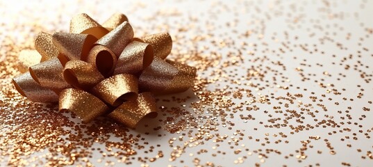 Shiny gold gift bow with copy space isolated on a white solid background for text or design elements