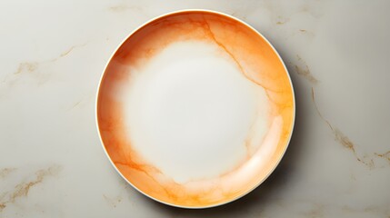 Top View of an empty Plate in orange Colors on a white Marble Background. Elegant Template with...