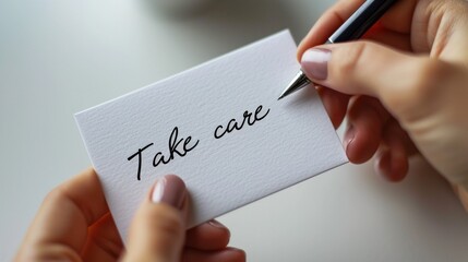 Handwriting a 'Take care' note, a personal gesture of concern and well-being for someone special.