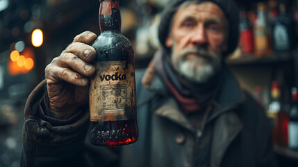 Alcoholic. A man is holding a bottle of vodka - obrazy, fototapety, plakaty