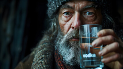 Alcoholic. A man holds a glass of vodka