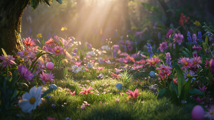  representation of April Fools' Day, showcasing a serene park where trees playfully swap their leaves, and flowers bloom in surprising patterns