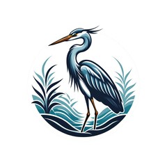 Elegant Blue Heron Amidst Lush Greenery Logo Illustration - Detailed Bird in Natural Setting Vector Art - obrazy, fototapety, plakaty