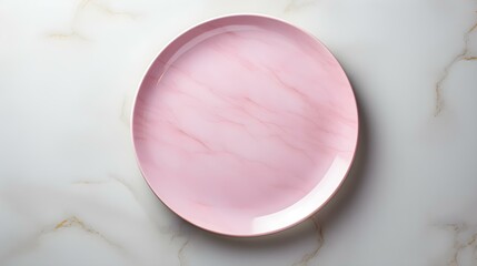 Top View of an empty Plate in pink Colors on a white Marble Background. Elegant Template with Copy Space