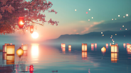  Easter, with a serene lakeside setting adorned with floating pastel-colored lanterns, each carrying a symbol of the season, under the soft, diffused light of a full moon, creating a tranquil and ench